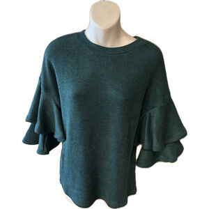 THML NWT S:XS Evergreen Tiered Ruffle Sleeve Crop Fit Mock Neck